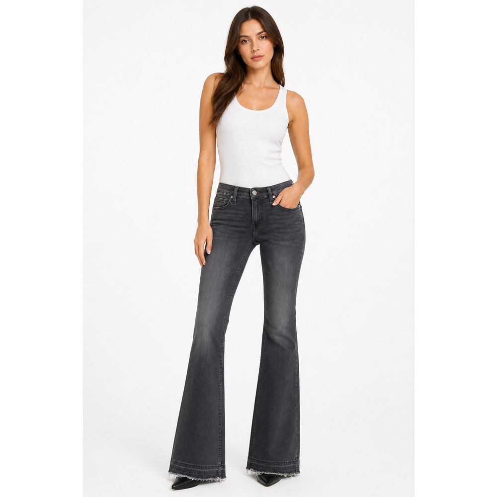 HM Womens Gray High Waisted Flare Jeans Raw Hem Size 8 Charcoal Denim Pants